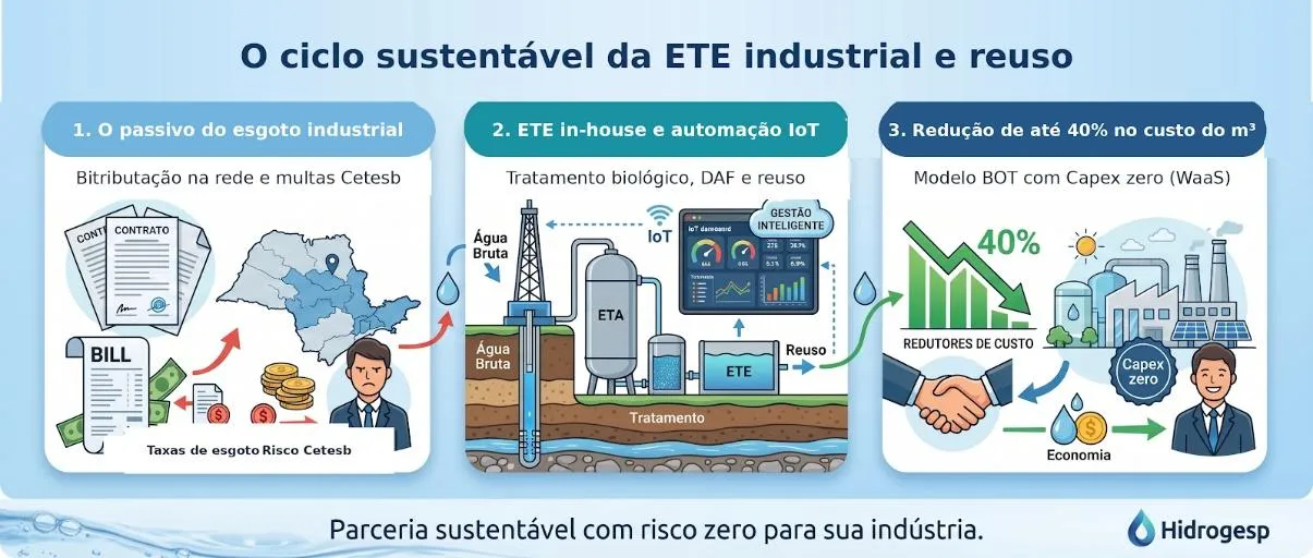 Infográfico do ciclo da ETE industrial e reuso: o passivo do esgoto industrial, a ETE in-house com automação IoT e a redução de custo no modelo BOT com Capex zero